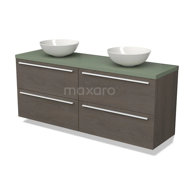 Bathroom unit with double countertop wash basin, modern design, dark wood veneer and green glass, ideal for stylish bathroom design.