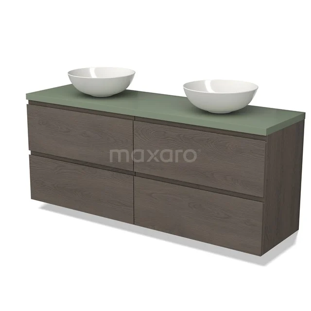 Holz Badezimmermöbel mit mattem grünen Platte, vier Schubladen und zwei weißen Aufsatzwaschbecken, modernes Design.