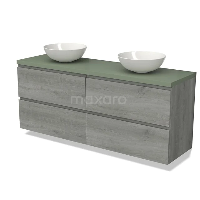 Wooden bathroom unit with double countertop wash basins, grey wood look, four drawers and green worktop for modern bathroom style.