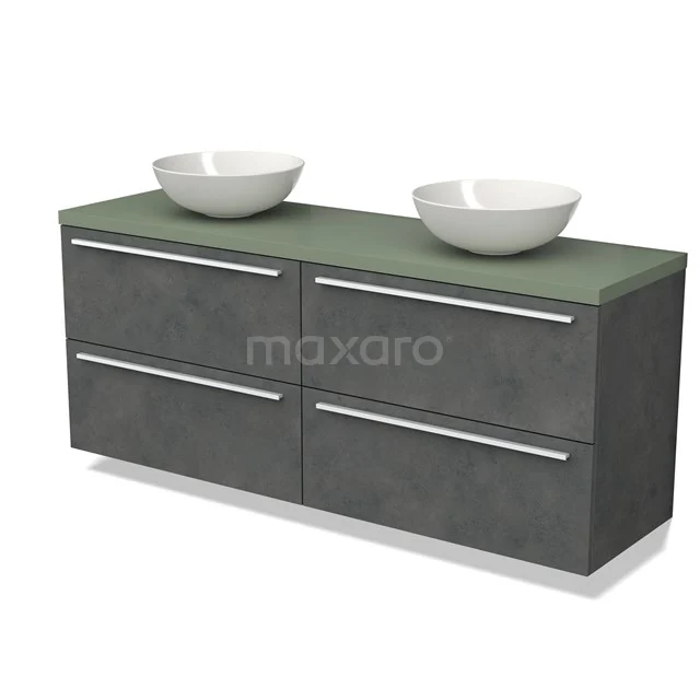 Grey bathroom furniture set with green glass worktop, double basin and four drawers; modern design made of high-quality materials.