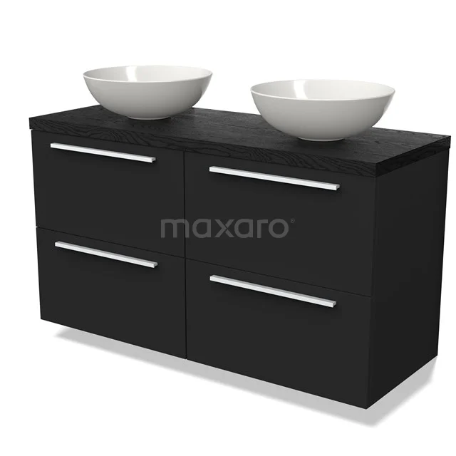 Black bathroom unit with double basin, modern design, four drawers and ceramic bowls, perfect bathroom solution.