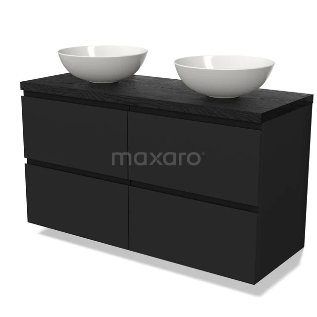 Black chest of drawers with two white ceramic countertop basins, modern bathroom unit with clean lines and A matte finish.