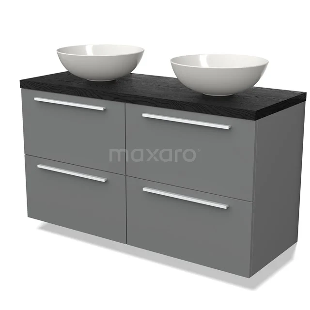 Grey bathroom unit set with black worktop and two white countertop wash basins, sleek design and spacious drawers for storage space.