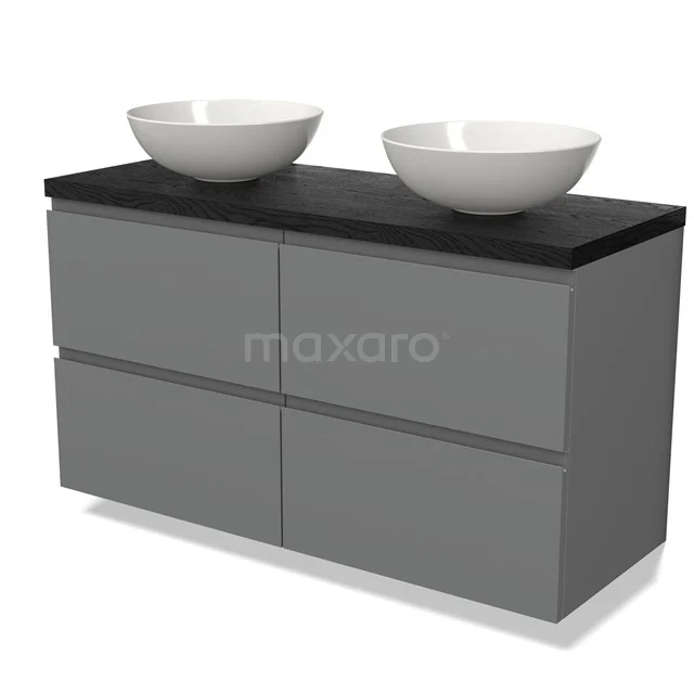 Grey bathroom furniture set with black worktop and two white ceramic countertop wash basins, modern design with clean lines.