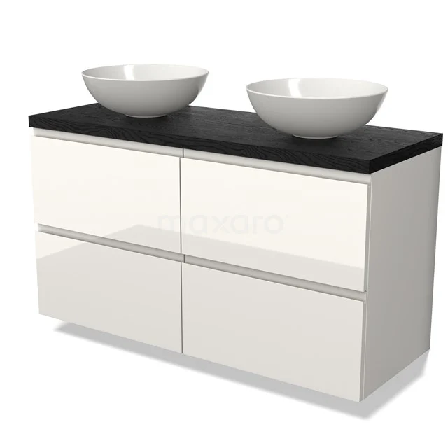 Weißes Badezimmermöbel mit zwei runden Aufsatzwaschbecken und schwarzer Holzplatte, modernes Design mit glatten Schubladen.
