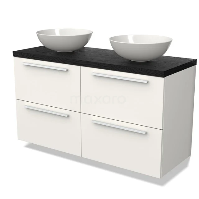 White bathroom unit with black top and double round basins, modern design with four drawers.