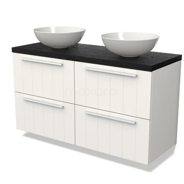White bathroom furniture set with four drawers, black Worktop and two round white basins, modern and practical design.
