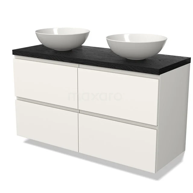 White bathroom unit with double basin and black natural stone worktop, sleek design with soft-close drawers.