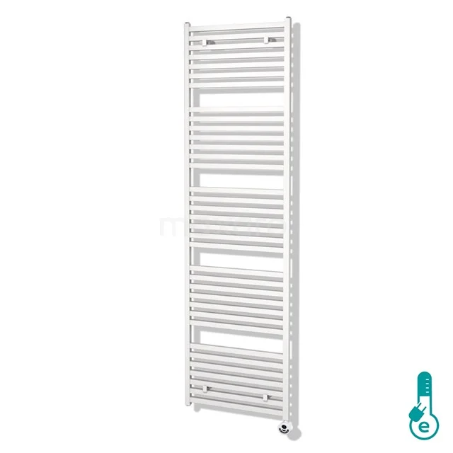 White vertical towel radiator with horizontal tubes, suitable for modern bathrooms, made of durable metal.