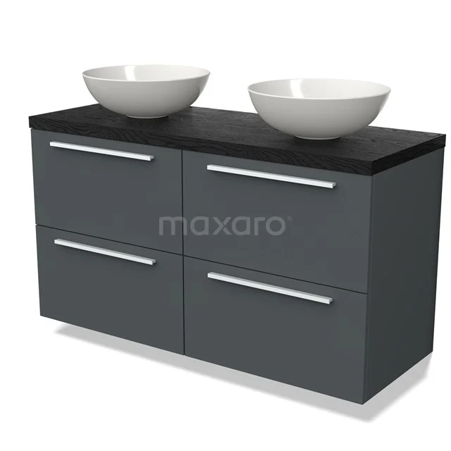 Grey bathroom furniture set with four drawers, black worktop and two white countertop wash basins. Modern design for functional bathroom design.