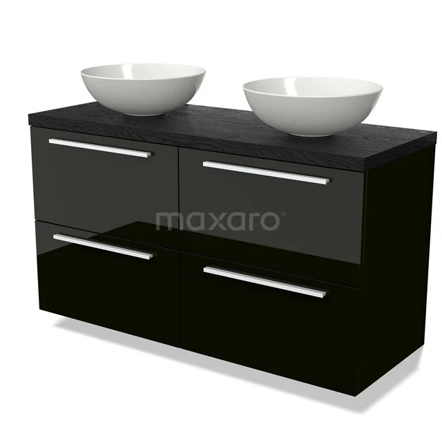 Black high-gloss bathroom unit with two white oval countertop wash basins, modern design and sleek chrome handles.