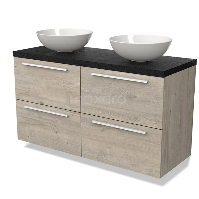 Wooden bathroom unit with modern double basin, black worktop and four spacious drawers, ideal for stylish bathroom storage.