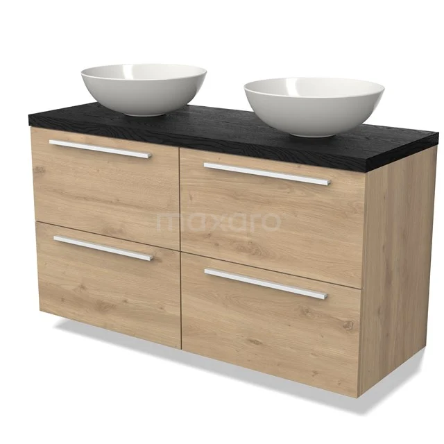 Wooden bathroom unit with double vanity units for countertop wash basin, black oak worktop, with drawers in light oak, ideal for modern bathroom fittings.