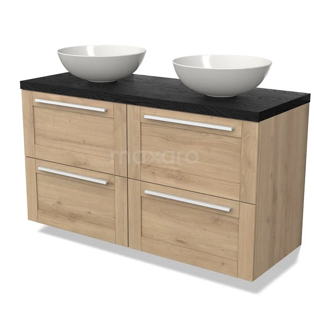Holz Badezimmermöbel mit doppeltem keramischen Waschbecken, schwarzer Platte und vier Schubladen; ideal für ein stilvolles Badezimmer.