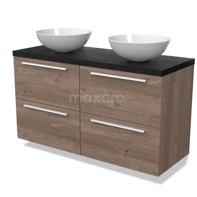 Wooden bathroom unit with black top and double countertop wash basins, modern design with four drawers and silver handles.