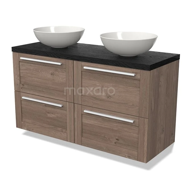 Wooden bathroom unit with four drawers, black top and double white vanity units for countertop wash basins; modern design for the bathroom.