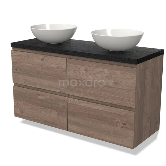 Wooden bathroom unit with double countertop wash basins, black worktop and four drawers, perfect for a modern bathroom design.