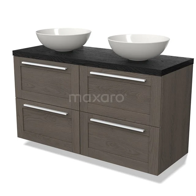 Wooden bathroom unit with dark top, four drawers and double white countertop wash basins, ideal for modern bathrooms.