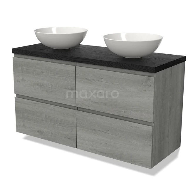 Modern Grey vanity unit with wood look, black top and double white countertop wash basins; perfect bathroom storage.