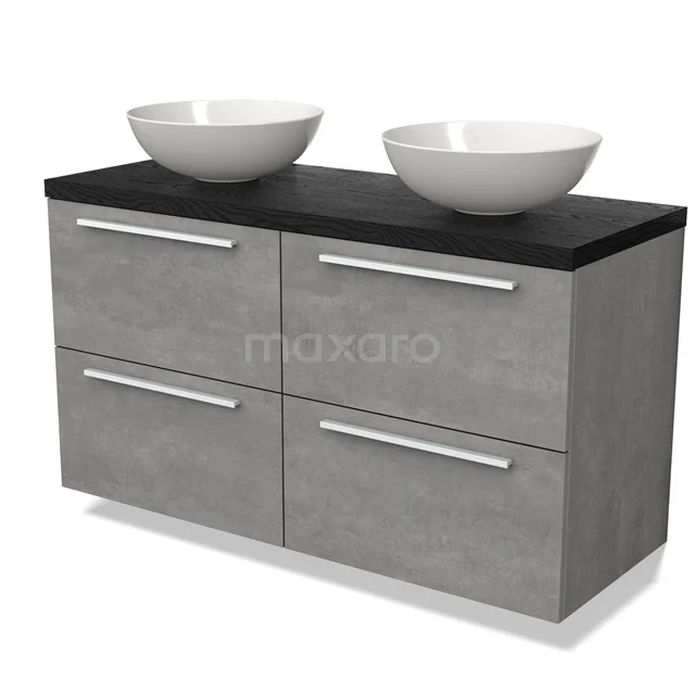 Grey vanity unit with matte white worktop, double white countertop wash basins and four drawers, ideal for a modern bathroom style.