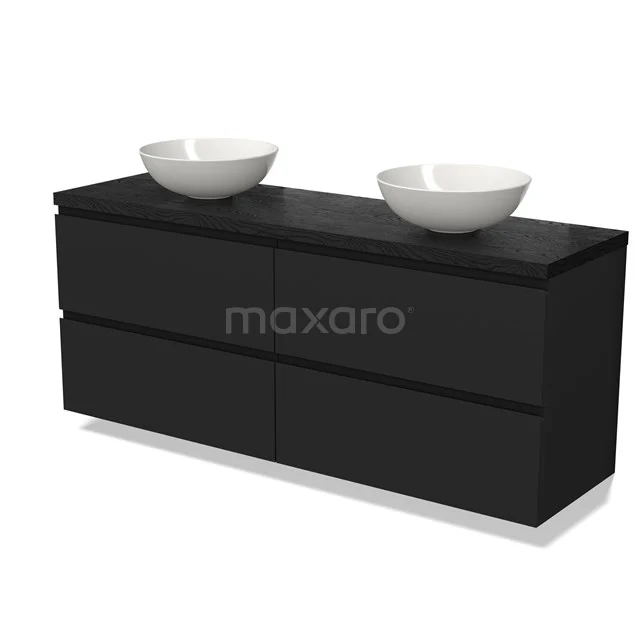 Schwarze Badmöbelset mit doppelten Aufsatzwaschbecken, schlankem Design, vier Schubladen und Matt Schwarz-Finish.