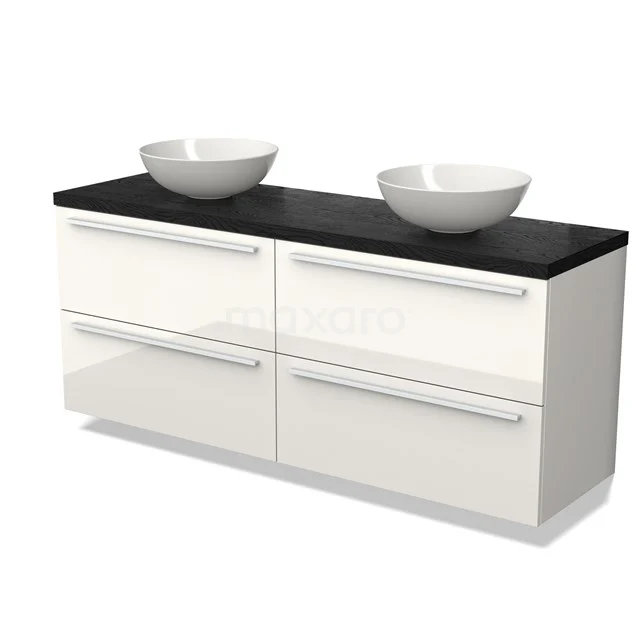 Weißes Hochglanz-Badmöbel mit schwarzer Platte, Doppelwaschbecken und vier Schubladen, modernes und elegantes Erscheinungsbild.