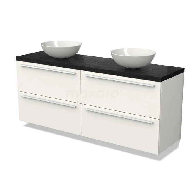 Weißen Badschrank mit vier Schubladen, schwarzer Platte und zwei runden Waschbecken; modernes Design für ein stilvolles Badezimmer.