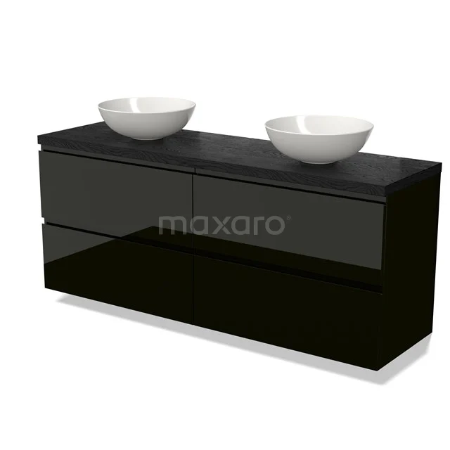 Modulo Plato Vanity units for countertop basin | 160 cm High-gloss black Handle-less front Black oak worktop 4 drawers BMK18-01782