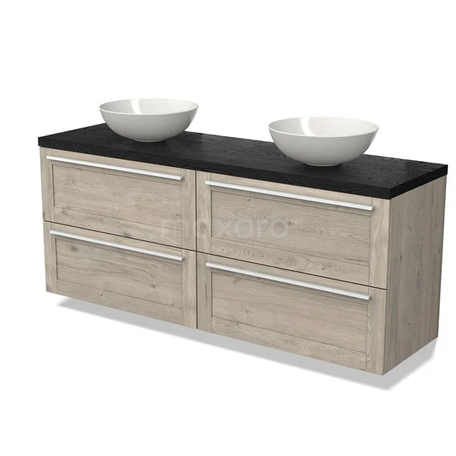 Hölzernes Badezimmermöbel mit doppelter schwarzer Platte, zwei weißen Aufsatzwaschbecken, vier Schubladen, ideal für moderne Badezimmergestaltung.