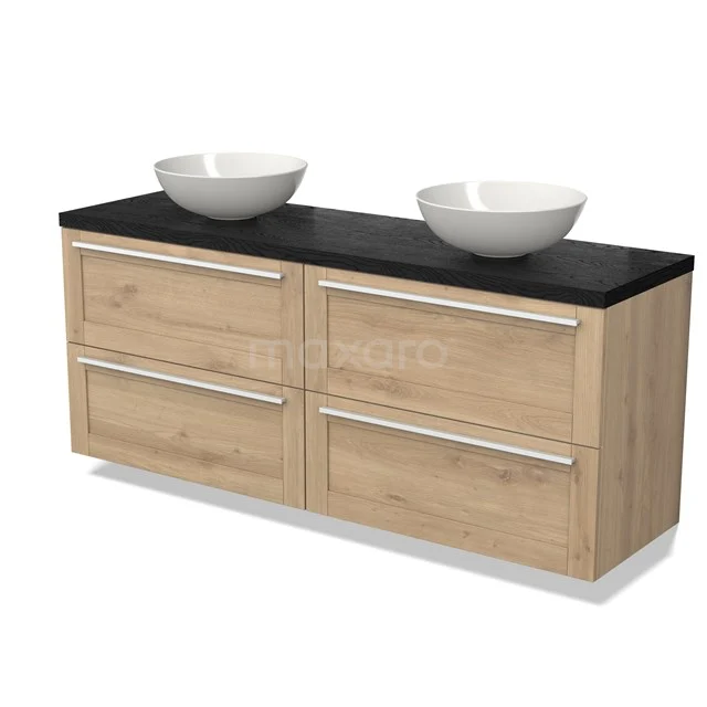 Wooden bathroom unit with two white vanity units for countertop wash basins and a black top, perfect for a modern bathroom look.