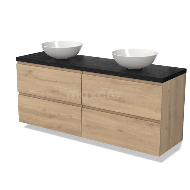 Hölzernes Badezimmermöbel mit Doppelwaschbecken, schwarzer Platte und Softclose Schubladen, modernes Design für jeden Badezimmerstil.