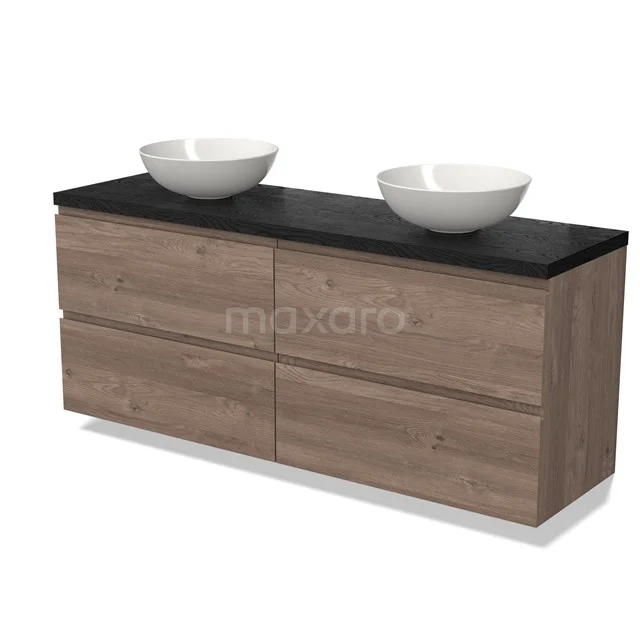 Hölzernes Badezimmermöbel mit schwarzer Platte, zwei weißen Aufsatzwaschbecken und vier Schubladen; stilvolles und modernes Design für das Badezimmer.