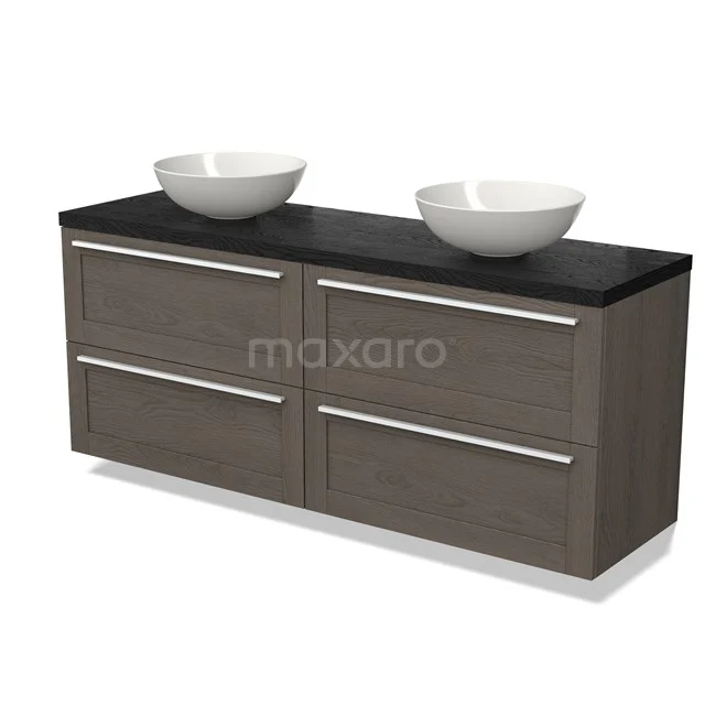 Wooden bathroom unit with dark worktop, four drawers and double white countertop wash basins, ideal for modern bathrooms.