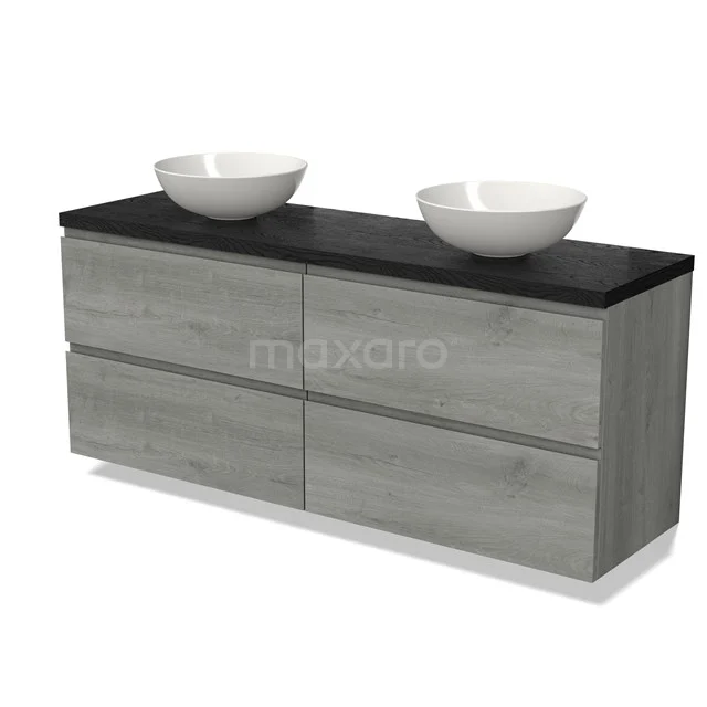 Modulo Plato Vanity units for countertop basin | 160 cm Grey oak Bordered front Black oak worktop 4 drawers BMK18-01797 Grey wooden bathroom furniture set with double countertop wash basins, black worktop, modern design and spacious storage drawers for a stylish bathroom.