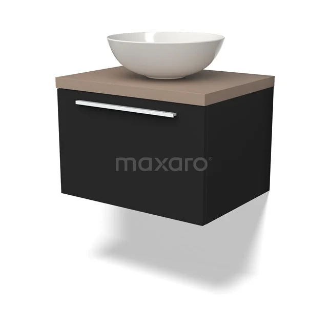 Schwarzes schwebendes Badezimmermöbel mit Holzplatte und weißem Keramikbecken, modernes Design, ideal für stilvolle Bäder.