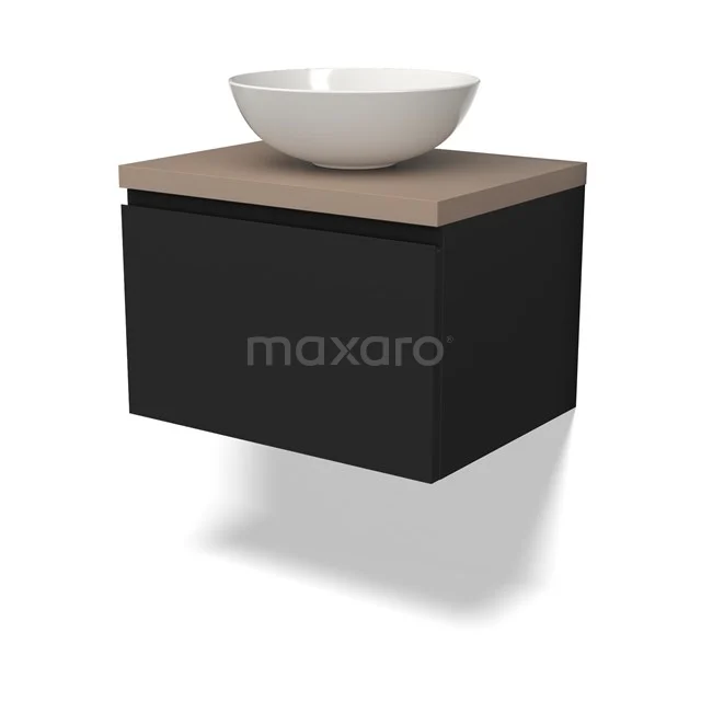 Schwarzes schwebendes Badmöbel mit Holzoberfläche und rundem weißen Aufsatzwaschbecken, elegantes Design für moderne Bäder.