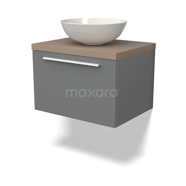 Waschtischunterschrank mit Konsole BMK11-02373 Grauer hängender Badschrank mit Holzplatte und weißem Aufsatzwaschbecken, ideal für einen modernen Badezimmerstil.