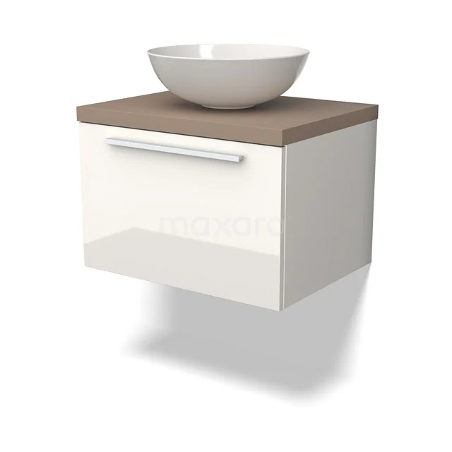 Modulo Plato Badmöbel mit Aufsatzwaschbecken | 60 cm Hochglanz Weiß Flach front Taupe blatt 1 Schublade BMK11-02375 Wandhängendes weißes Badmöbel mit Schublade, Holzplatte und modernem schalenförmigen Waschbecken, ideal für ein stilvolles Badezimmer.