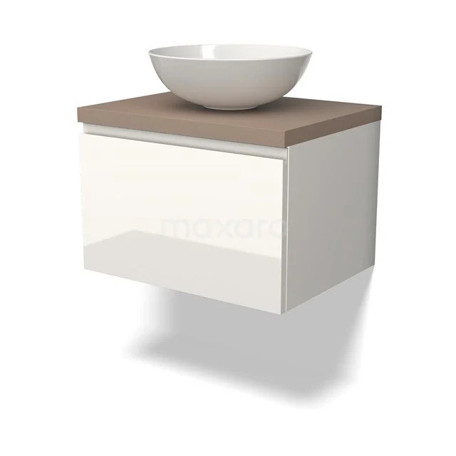 Wandhängendes Badezimmermöbel mit weißer Schublade, Holzlook Platte und runder keramischer Waschbecken, modernes Design.