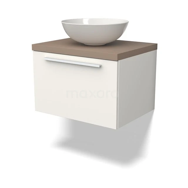 Weißes hängendes Badmöbel mit Holzplatte und runder Aufsatzwaschbecken, modernes Design, ideal für kleine Bäder.