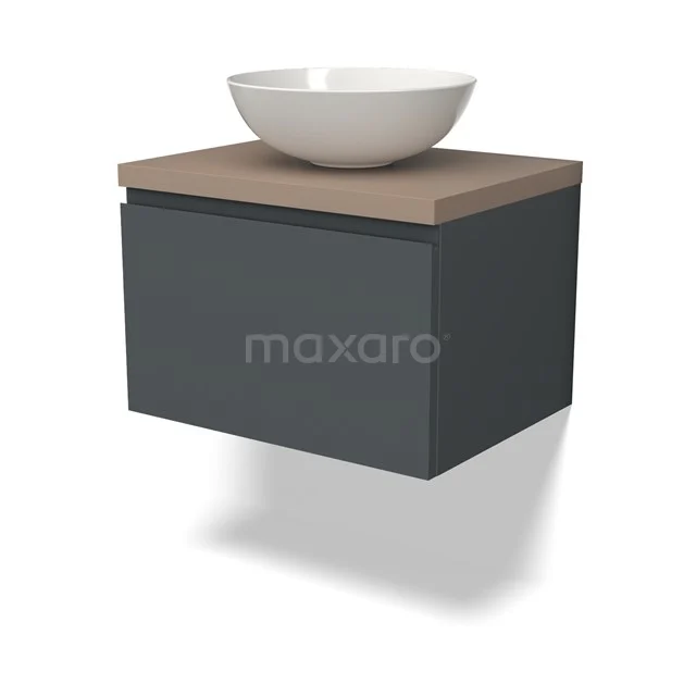 Zwevend Badmöbel mit grauem Fach, Holz Platte und rundem weißen Aufsatzwaschbecken; modernes Design aus nachhaltigen Materialien.