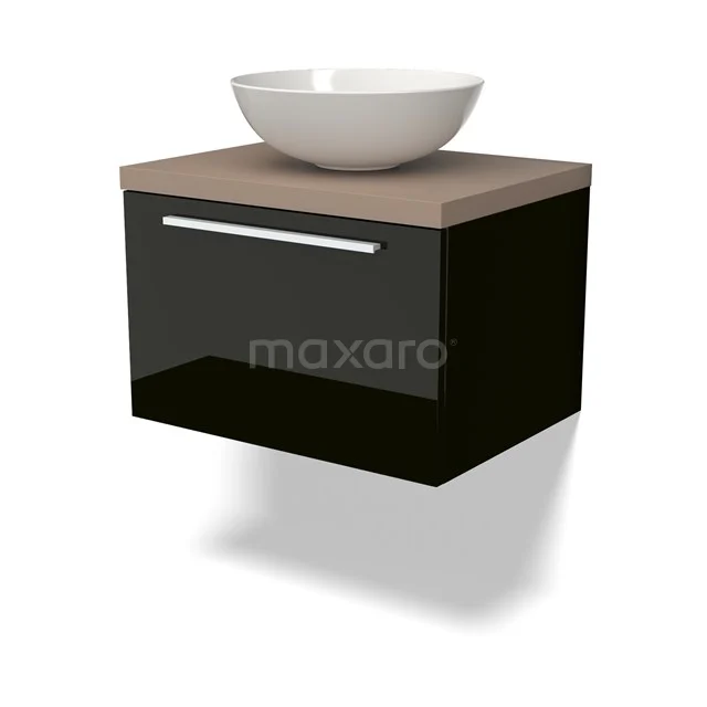 Modulo Plato Badmöbel mit Aufsatzwaschbecken | 60 cm Hochglanz Schwarz Flach front Taupe blatt 1 Schublade BMK11-02383 Schwarzes schwebendes Badmöbel mit Holzlook Platte und weißem Aufsatzwaschbecken, moderner Stil, geeignet für kompakte Bäder.