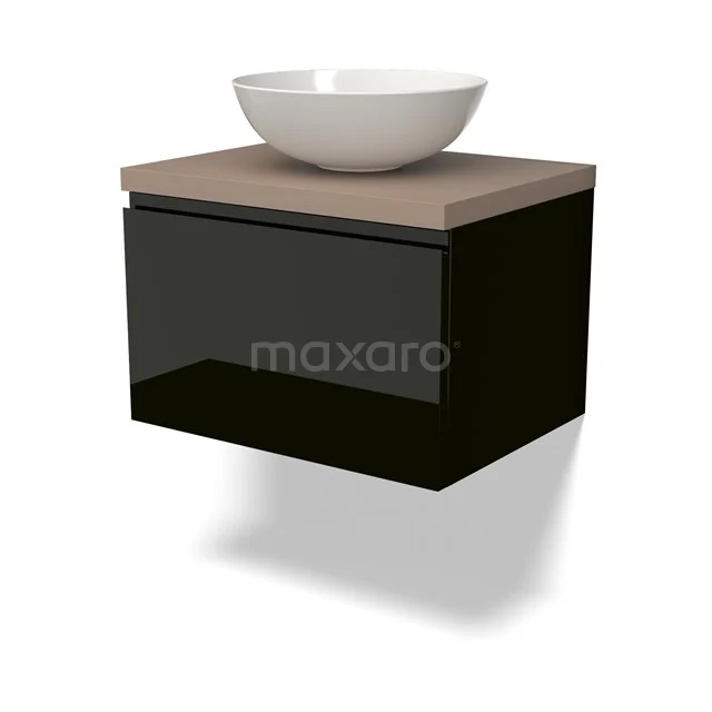 Waschtischunterschrank mit Konsole BMK11-02384 Schwarzes schwebendes Badmöbel mit Holzlook Platte und weißem Aufsatzwaschbecken, modernes Design ideal für ein stilvolles Badezimmer.