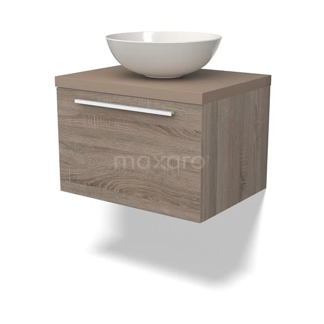 Hangendes Badezimmermöbel mit Holzoptik, einzelne Schublade und weißer schalenförmiger Waschbecken; kompaktes Design für moderne Bäder.