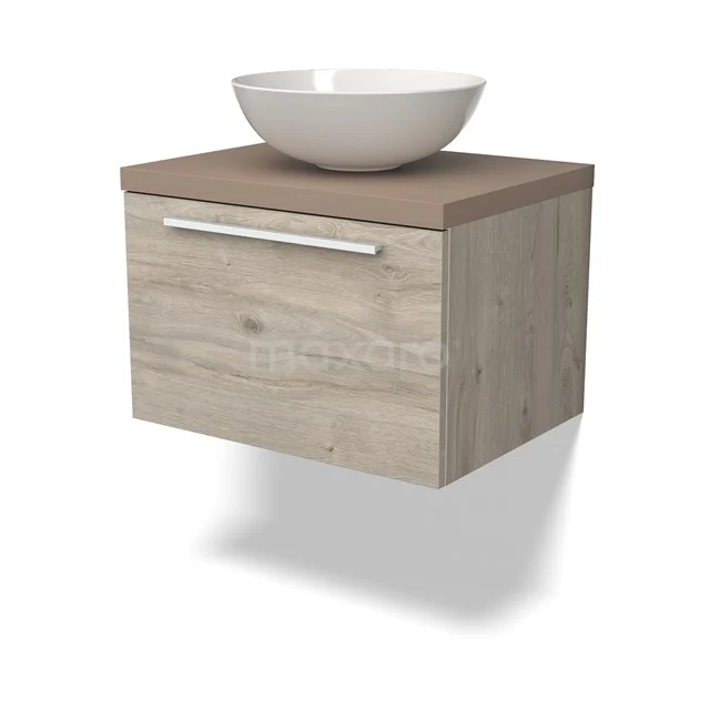 Wooden bathroom unit with drawers, natural Oak look, including white countertop basin. Modern and space-saving design.