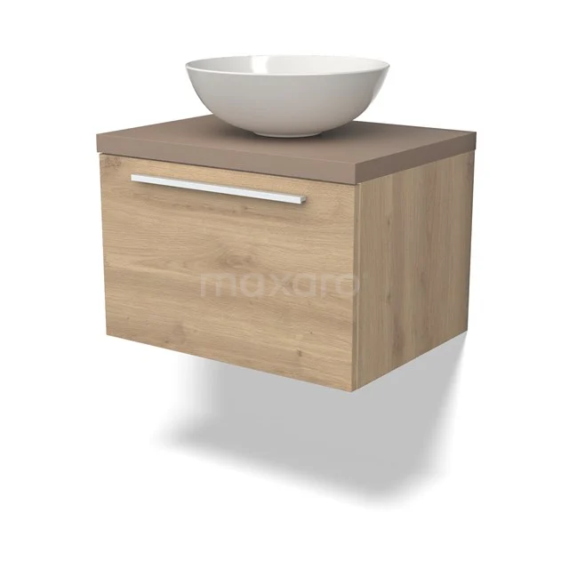 Modulo Plato Badmöbel mit Aufsatzwaschbecken | 60 cm Hellbraune Eiche Flach front Taupe blatt 1 Schublade BMK11-02389 Holz hängendes Badezimmermöbel mit weißem Aufsatzwaschbecken, minimalistisches Design und mattschwarzem Haltegriff.