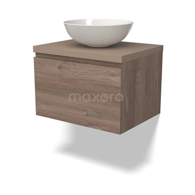 Modulo Plato Vanity units for countertop basin | 60 cm Mid brown oak Handle-less front Taupe worktop 1 drawer BMK11-02394