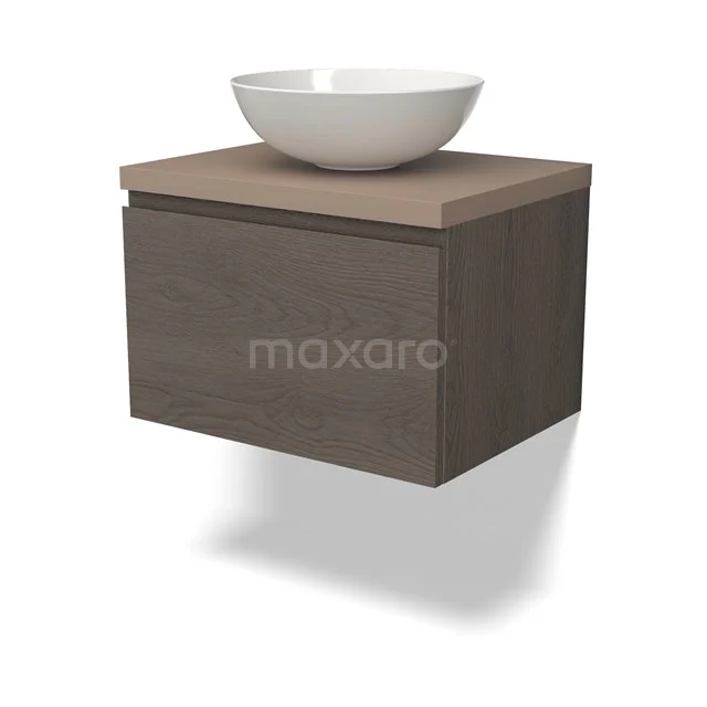 Modulo Plato Badmöbel mit Aufsatzwaschbecken | 60 cm Dunkelbraune Eiche Grifflos front Taupe blatt 1 Schublade BMK11-02397 Hängendes Badezimmermöbel Holzoptik mit weißem Aufsatzwaschbecken, kompaktes Design, ideal für moderne Bäder.