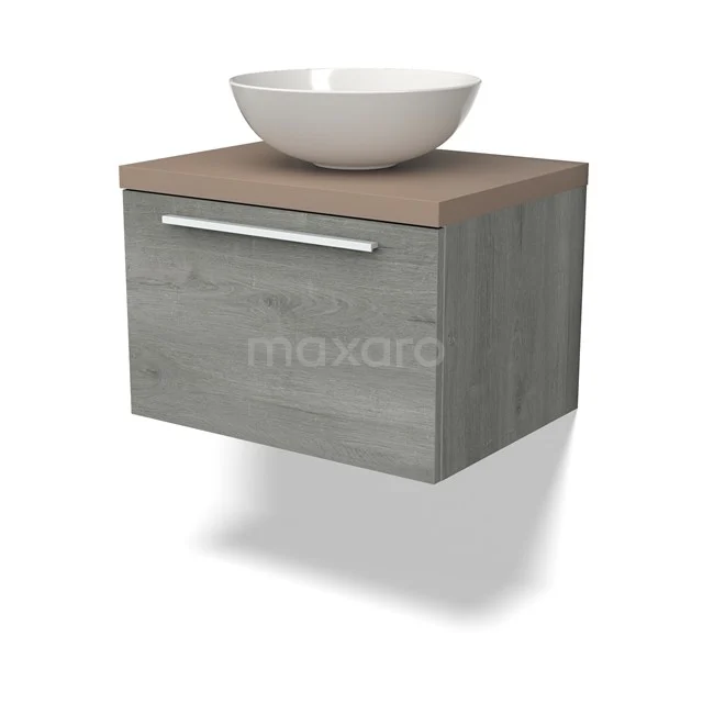 Hölzerner Waschbeckenunterschrank Grau mit weißem Aufsatzwaschbecken und Schublade, ideal für moderne Badezimmergestaltung.