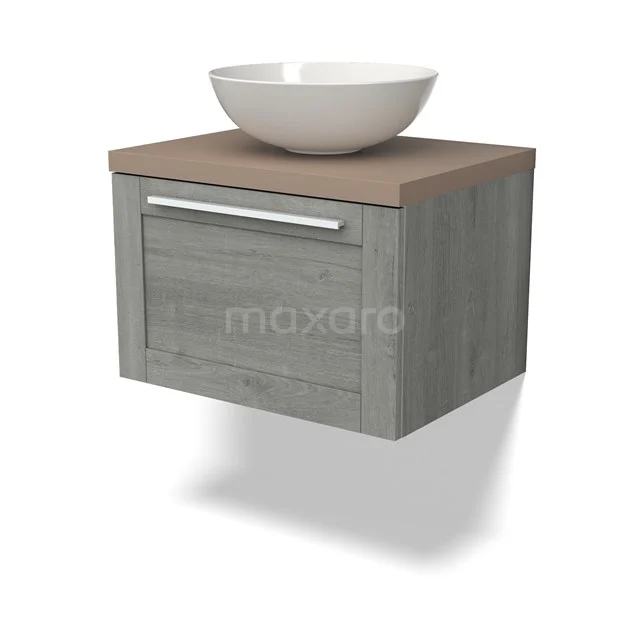 Grey wooden bathroom unit with oak top and white round vanity basin; modern floating design for stylish bathroom furnishing.